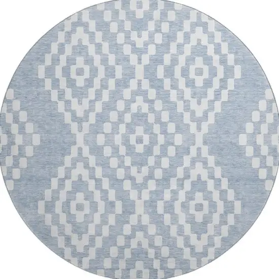 8' Denim Blue And Ivory Geometric Washable Round Rug With UV Protection Photo 3