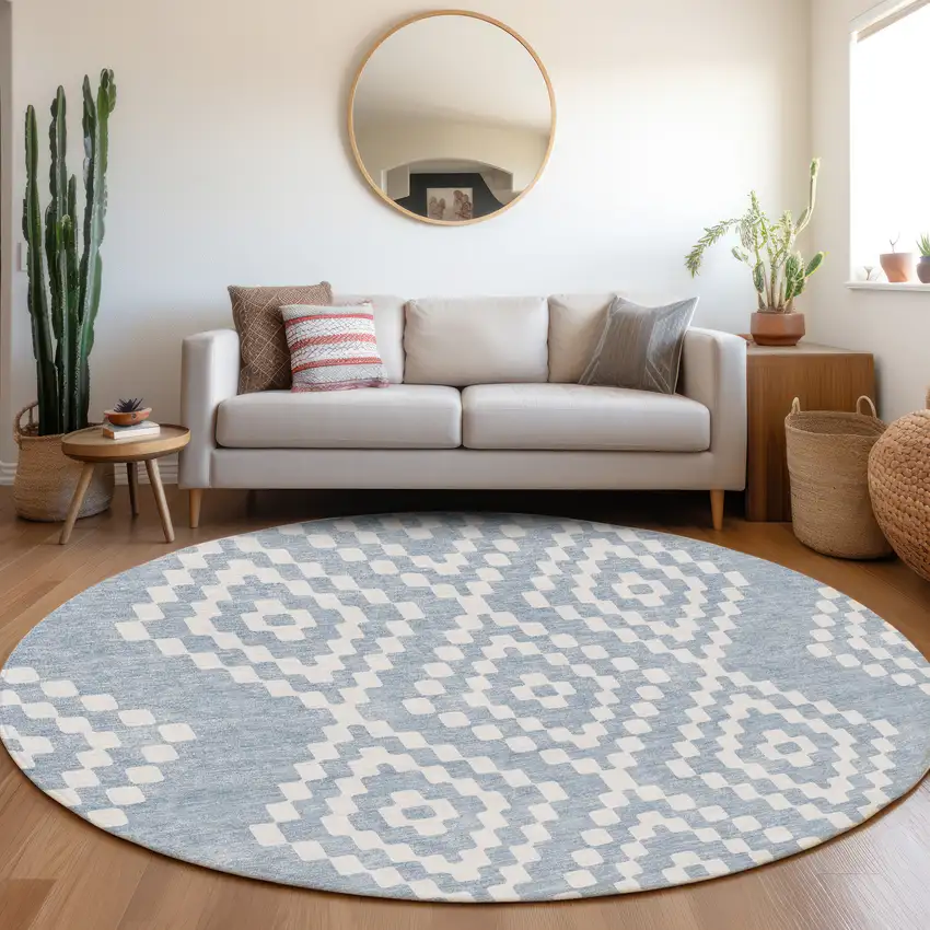 8' Denim Blue And Ivory Geometric Washable Round Rug With UV Protection Photo 5