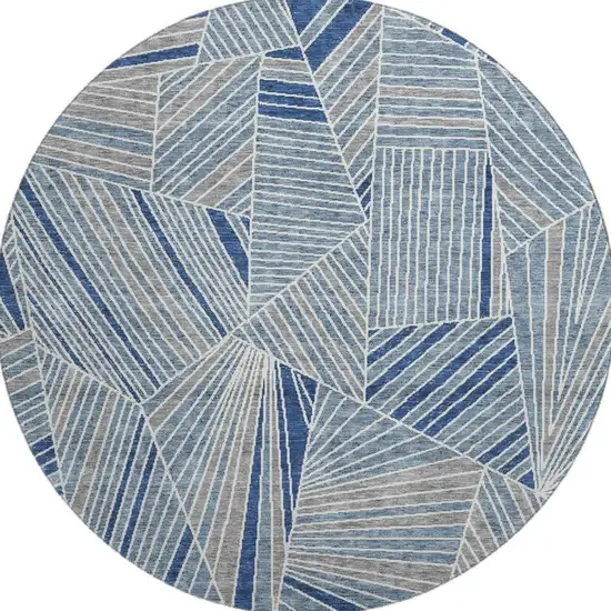 8' Denim Blue And Ivory Geometric Washable Round Rug With UV Protection Photo 4