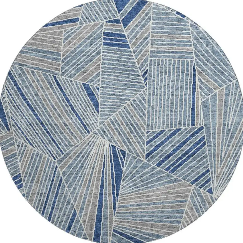 8' Denim Blue And Ivory Geometric Washable Round Rug With UV Protection Photo 4