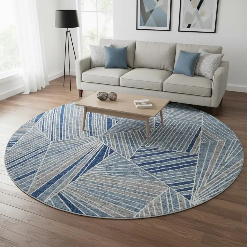 8' Denim Blue And Ivory Geometric Washable Round Rug With UV Protection Photo 2