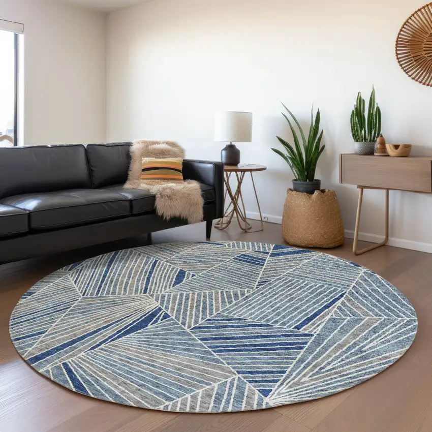 8' Denim Blue And Ivory Geometric Washable Round Rug With UV Protection Photo 5