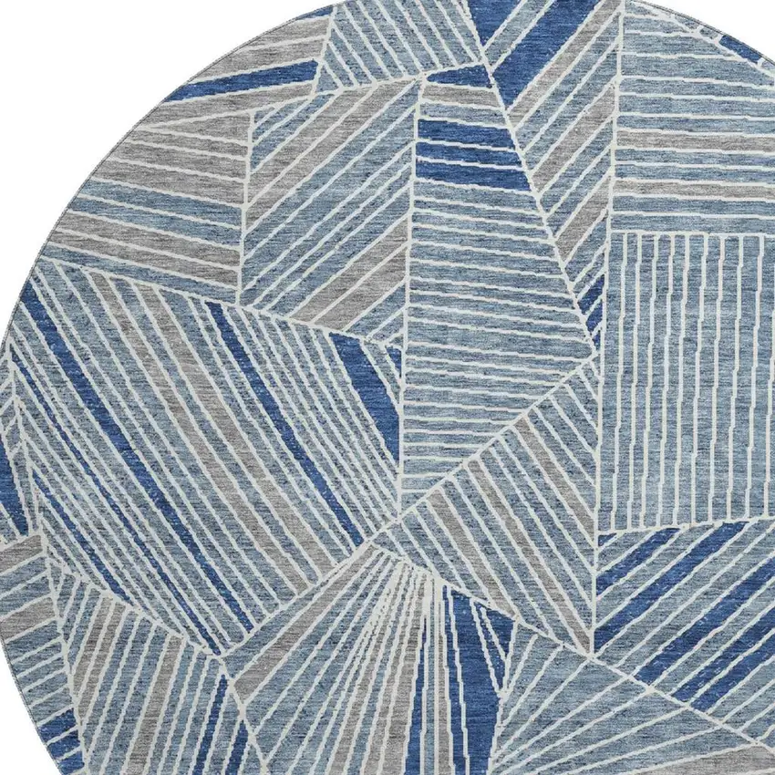 8' Denim Blue And Ivory Geometric Washable Round Rug With UV Protection Photo 3