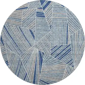 Photo of 8' Denim Blue And Ivory Geometric Washable Round Rug With UV Protection