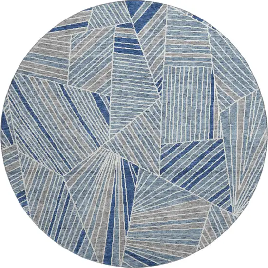 8' Denim Blue And Ivory Geometric Washable Round Rug With UV Protection Photo 1