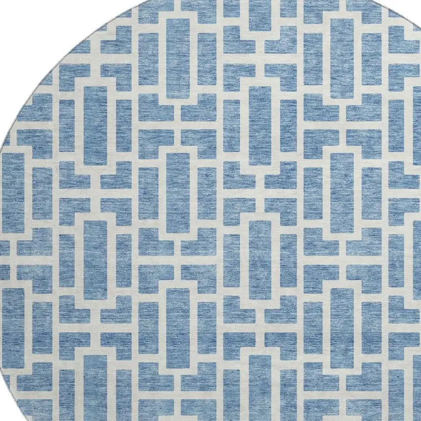 8' Denim Blue And Ivory Geometric Washable Round Rug With UV Protection Photo 3