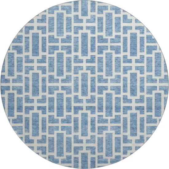 8' Denim Blue And Ivory Geometric Washable Round Rug With UV Protection Photo 1