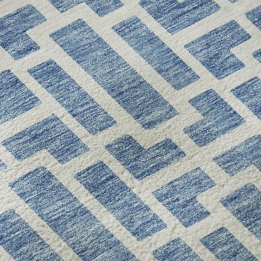 8' Denim Blue And Ivory Geometric Washable Round Rug With UV Protection Photo 9