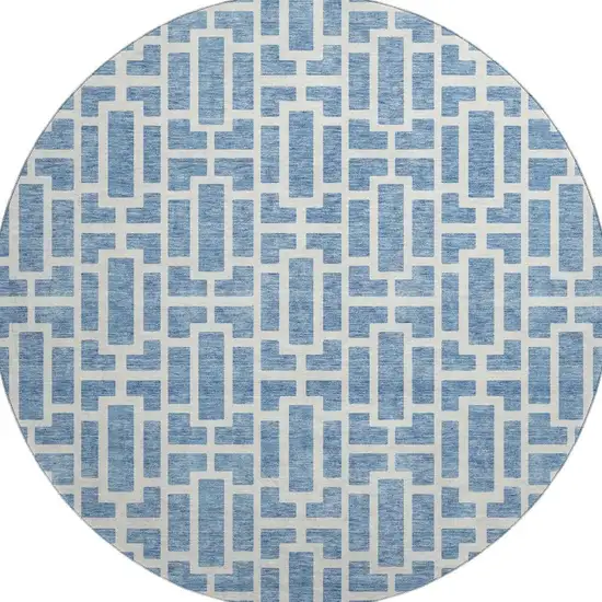 8' Denim Blue And Ivory Geometric Washable Round Rug With UV Protection Photo 4