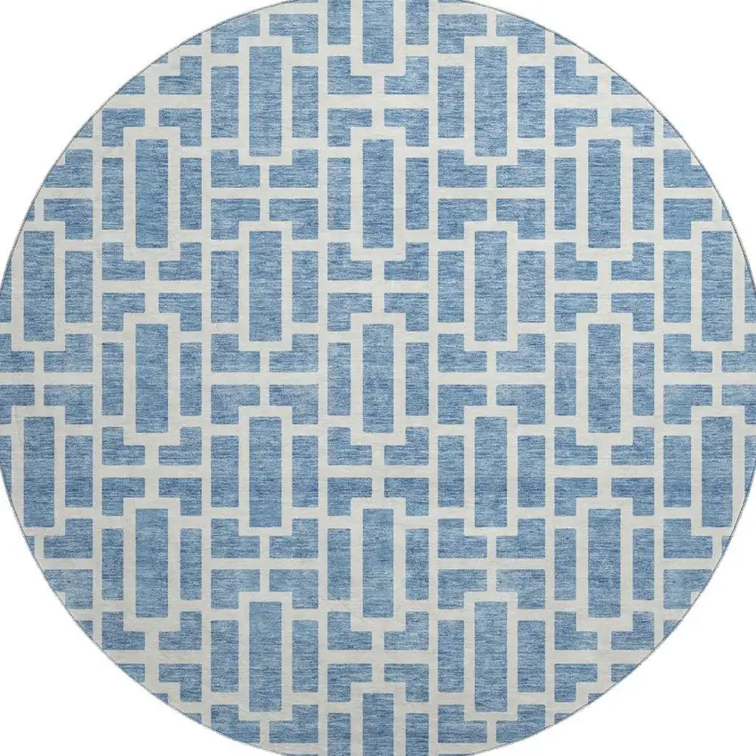 8' Denim Blue And Ivory Geometric Washable Round Rug With UV Protection Photo 4