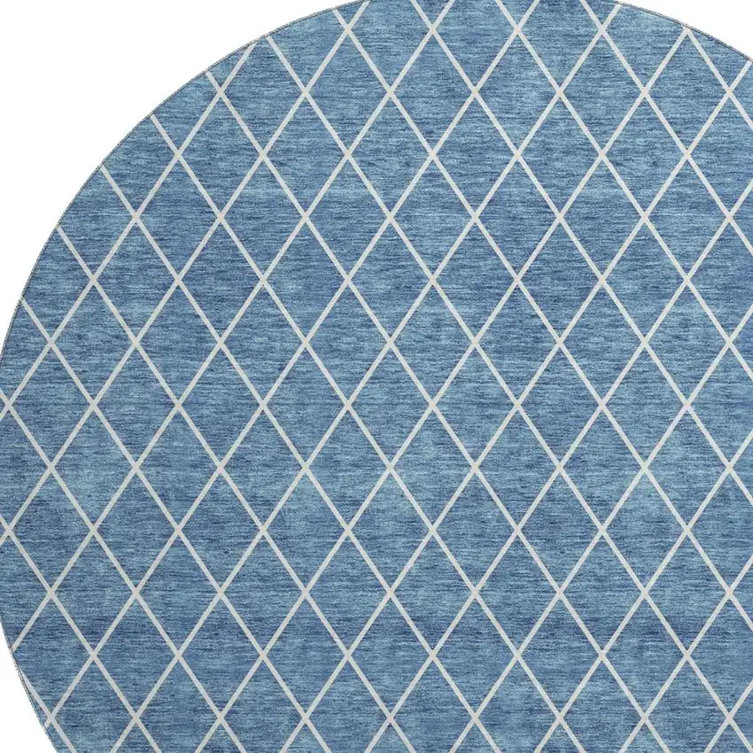 8' Denim Blue And Ivory Geometric Washable Round Rug With UV Protection Photo 2