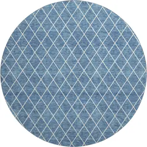 Photo of 8' Denim Blue And Ivory Geometric Washable Round Rug With UV Protection