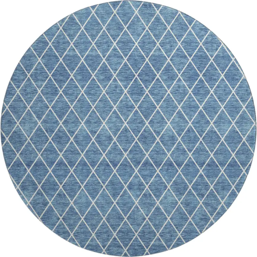 8' Denim Blue And Ivory Geometric Washable Round Rug With UV Protection Photo 1