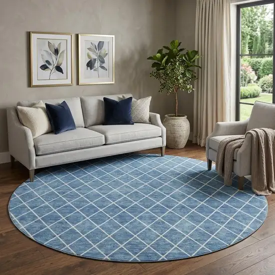8' Denim Blue And Ivory Geometric Washable Round Rug With UV Protection Photo 1