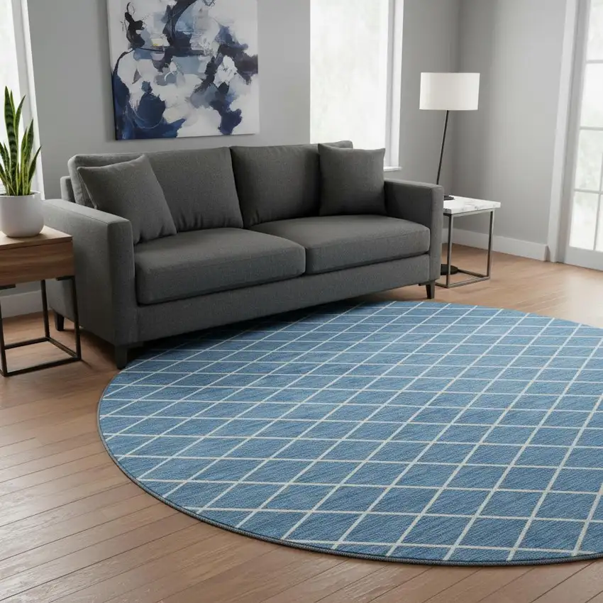 8' Denim Blue And Ivory Geometric Washable Round Rug With UV Protection Photo 2