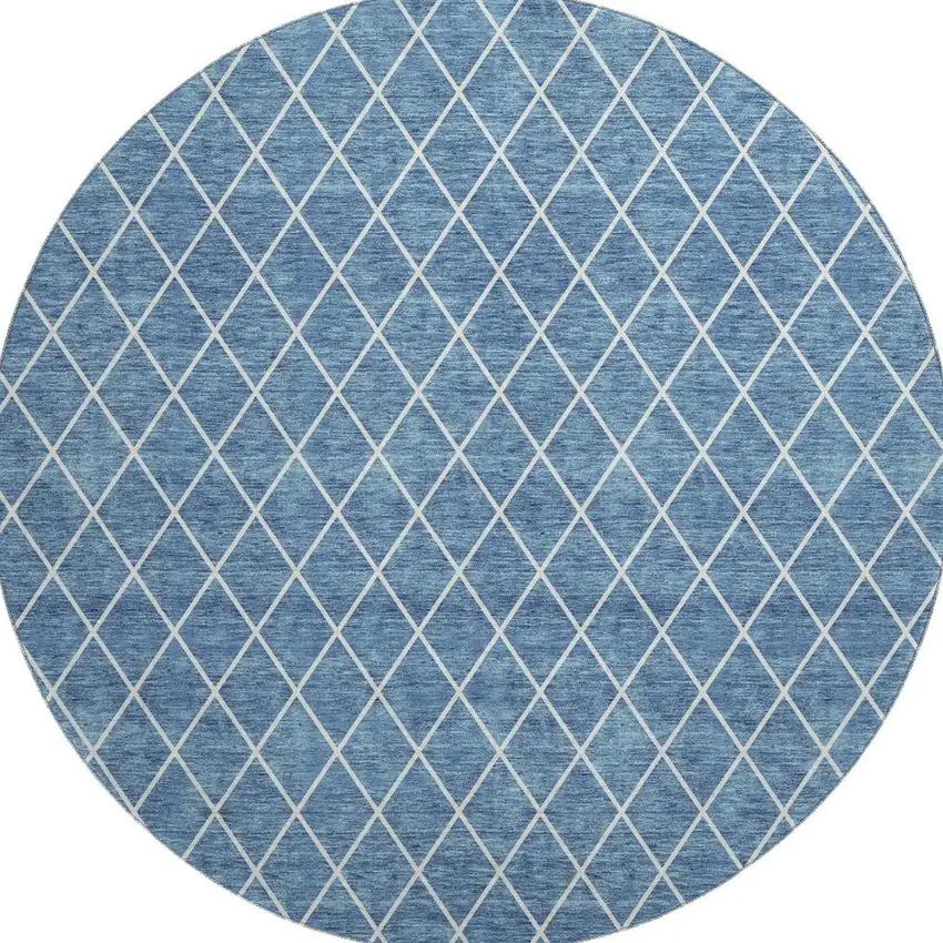 8' Denim Blue And Ivory Geometric Washable Round Rug With UV Protection Photo 3