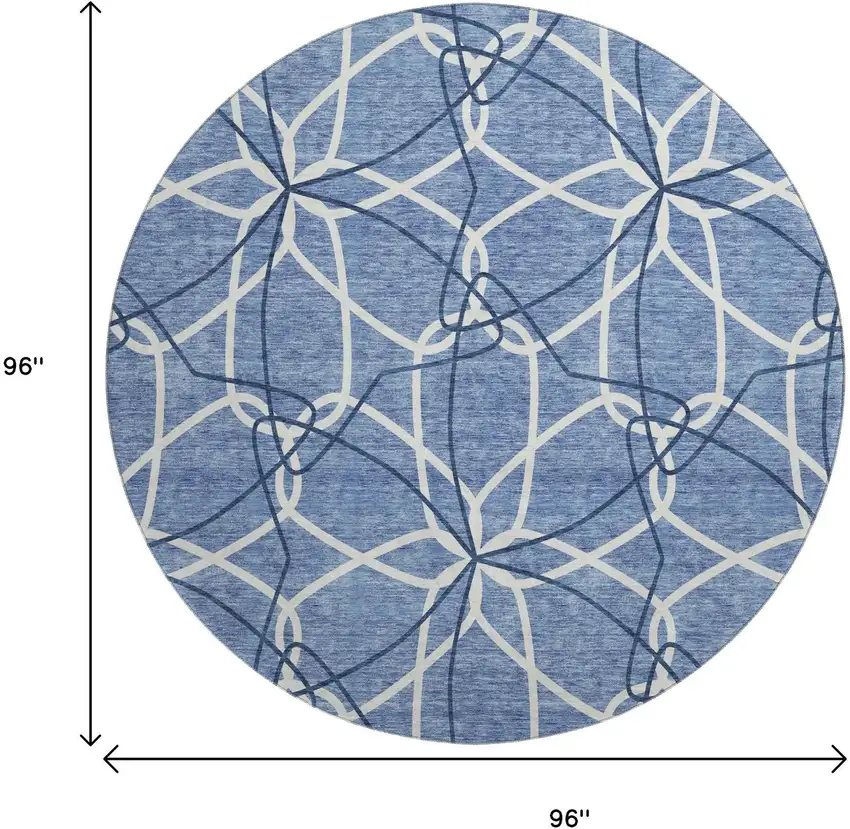 8' Denim Blue And Ivory Geometric Washable Round Rug With UV Protection Photo 9