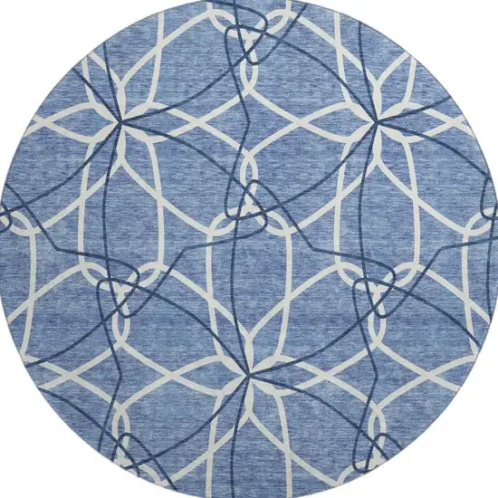8' Denim Blue And Ivory Geometric Washable Round Rug With UV Protection Photo 2