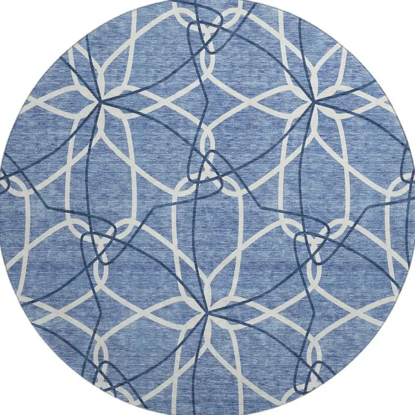 8' Denim Blue And Ivory Geometric Washable Round Rug With UV Protection Photo 2