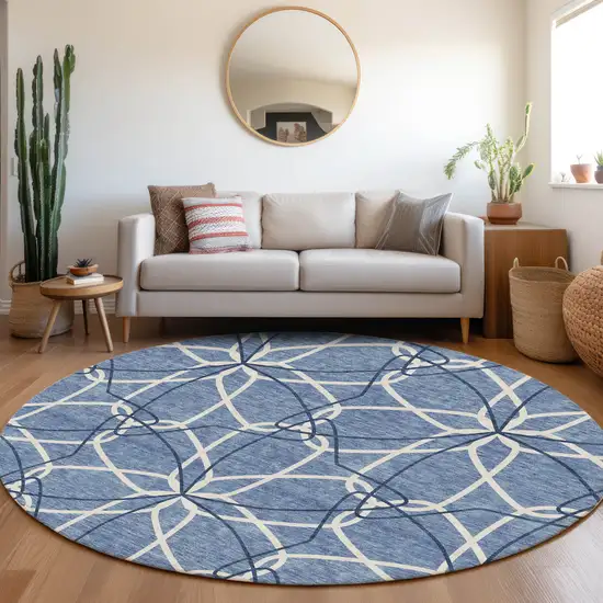 8' Denim Blue And Ivory Geometric Washable Round Rug With UV Protection Photo 4