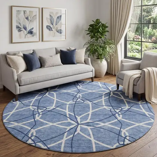 8' Denim Blue And Ivory Geometric Washable Round Rug With UV Protection Photo 1