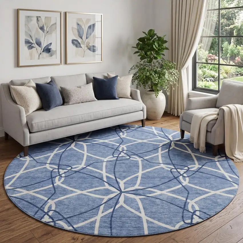 8' Denim Blue And Ivory Geometric Washable Round Rug With UV Protection Photo 1