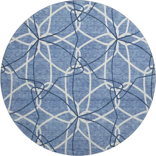 8' Denim Blue And Ivory Geometric Washable Round Rug With UV Protection Photo 1