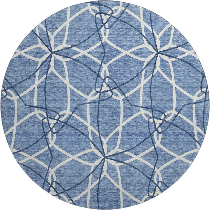 8' Denim Blue And Ivory Geometric Washable Round Rug With UV Protection Photo 1