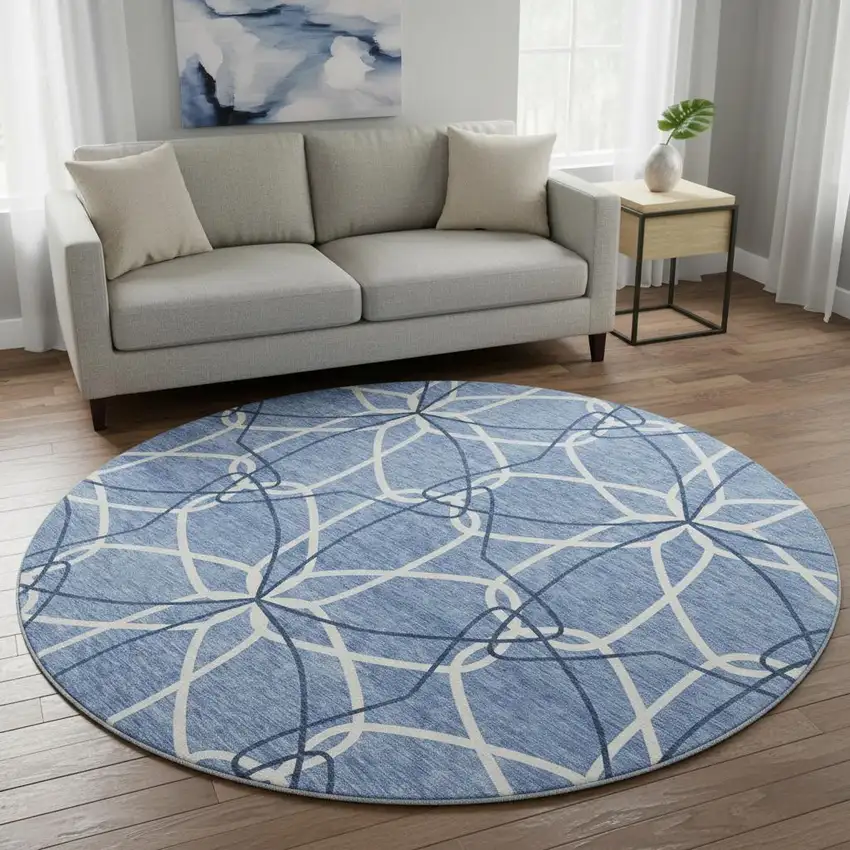 8' Denim Blue And Ivory Geometric Washable Round Rug With UV Protection Photo 2