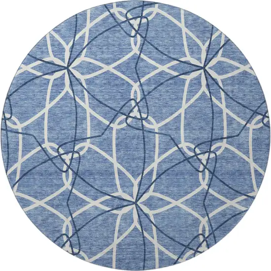 8' Denim Blue And Ivory Geometric Washable Round Rug With UV Protection Photo 3