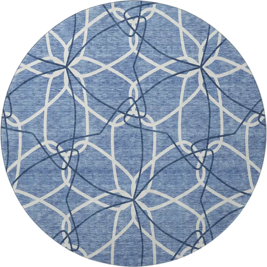 8' Denim Blue And Ivory Geometric Washable Round Rug With UV Protection Photo 3