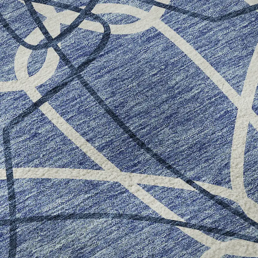 8' Denim Blue And Ivory Geometric Washable Round Rug With UV Protection Photo 8