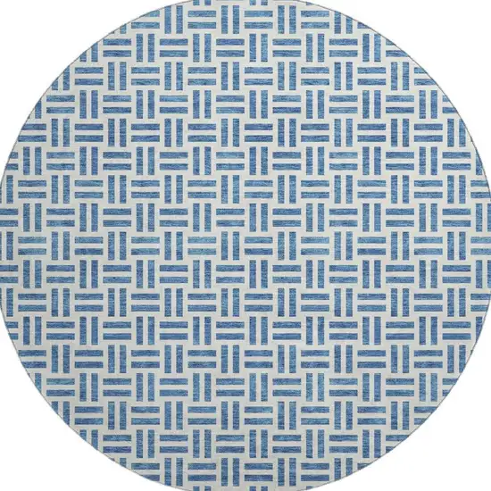 8' Denim Blue And Ivory Geometric Washable Round Rug With UV Protection Photo 3