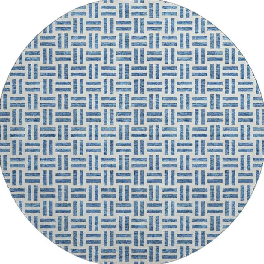 8' Denim Blue And Ivory Geometric Washable Round Rug With UV Protection Photo 3