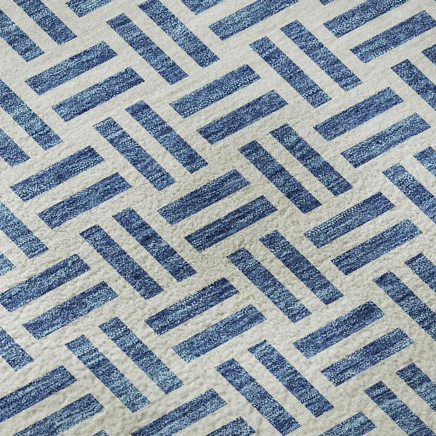 8' Denim Blue And Ivory Geometric Washable Round Rug With UV Protection Photo 8