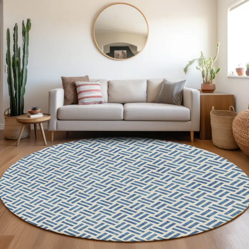8' Denim Blue And Ivory Geometric Washable Round Rug With UV Protection Photo 4