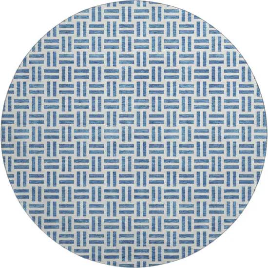 8' Denim Blue And Ivory Geometric Washable Round Rug With UV Protection Photo 1