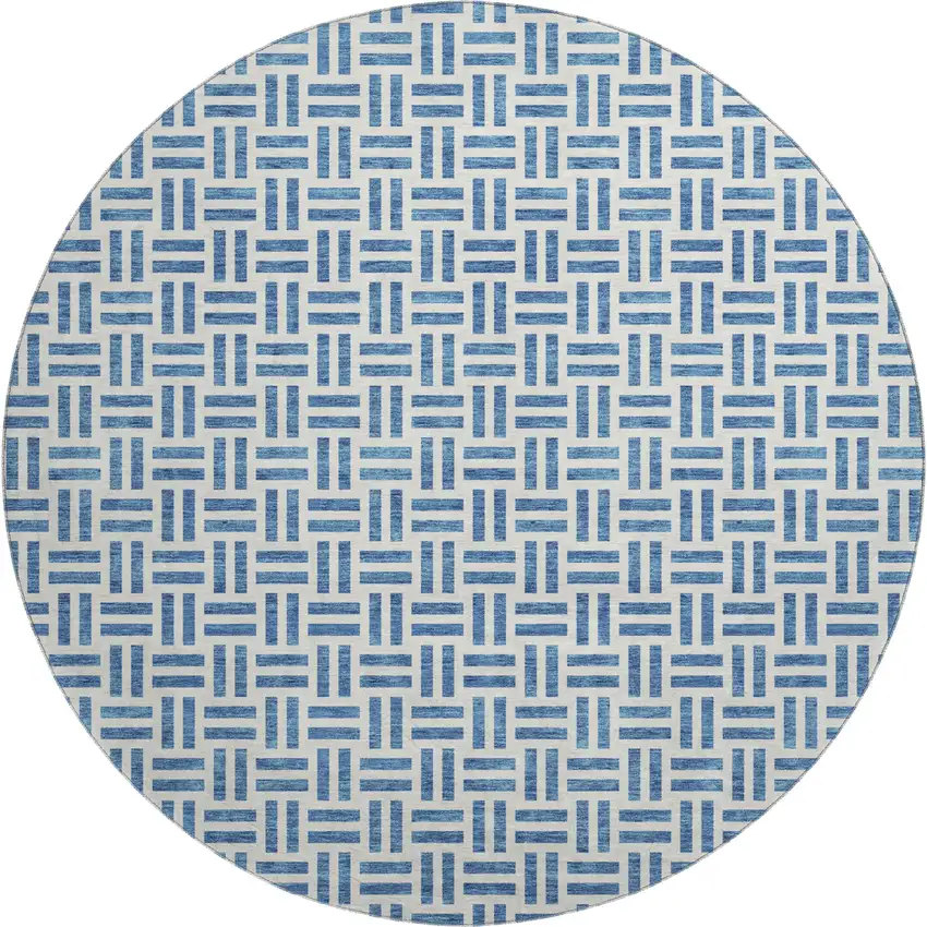 8' Denim Blue And Ivory Geometric Washable Round Rug With UV Protection Photo 1