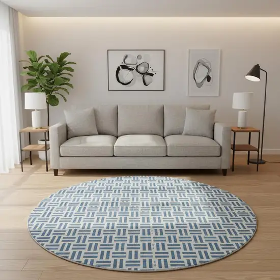 8' Denim Blue And Ivory Geometric Washable Round Rug With UV Protection Photo 2