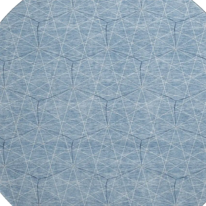 8' Denim Blue And Ivory Geometric Washable Round Rug With UV Protection Photo 2
