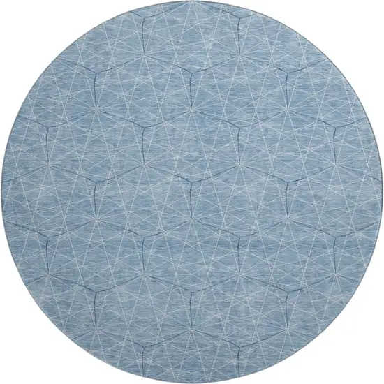 8' Denim Blue And Ivory Geometric Washable Round Rug With UV Protection Photo 1