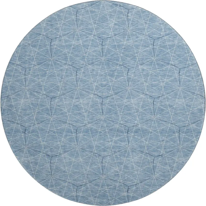 8' Denim Blue And Ivory Geometric Washable Round Rug With UV Protection Photo 1