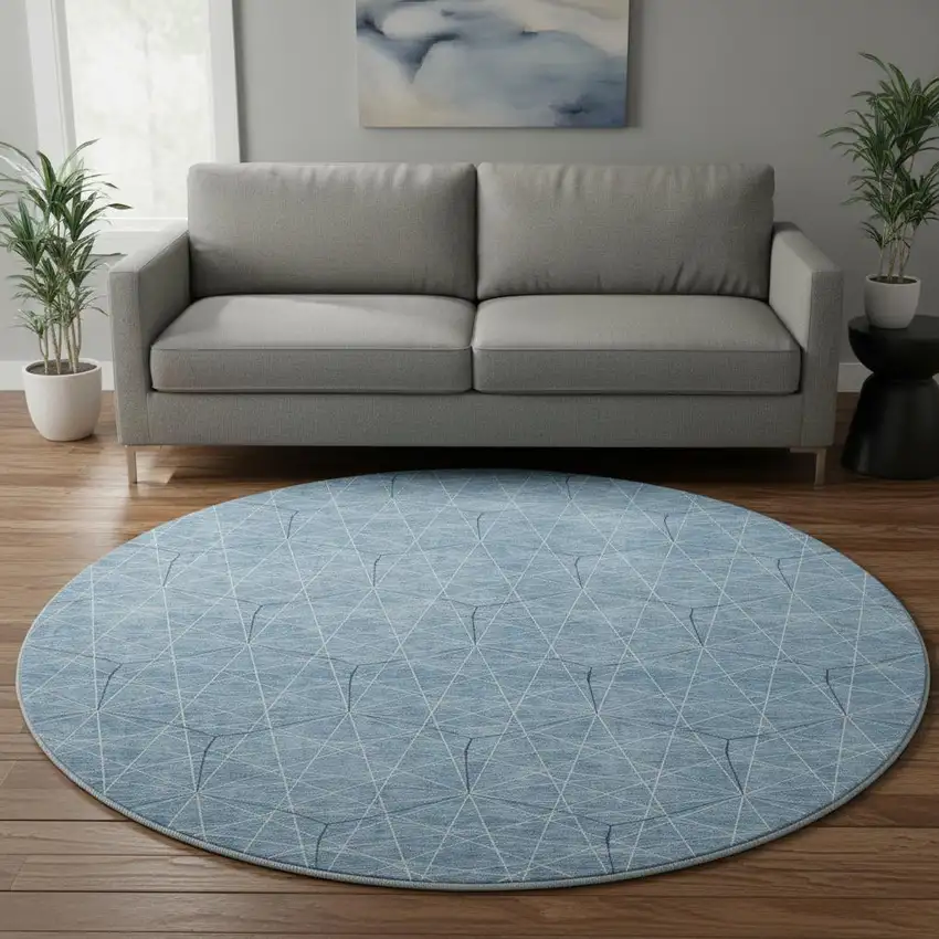8' Denim Blue And Ivory Geometric Washable Round Rug With UV Protection Photo 2