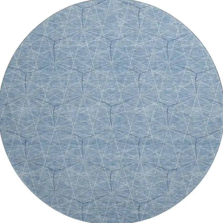 8' Denim Blue And Ivory Geometric Washable Round Rug With UV Protection Photo 3