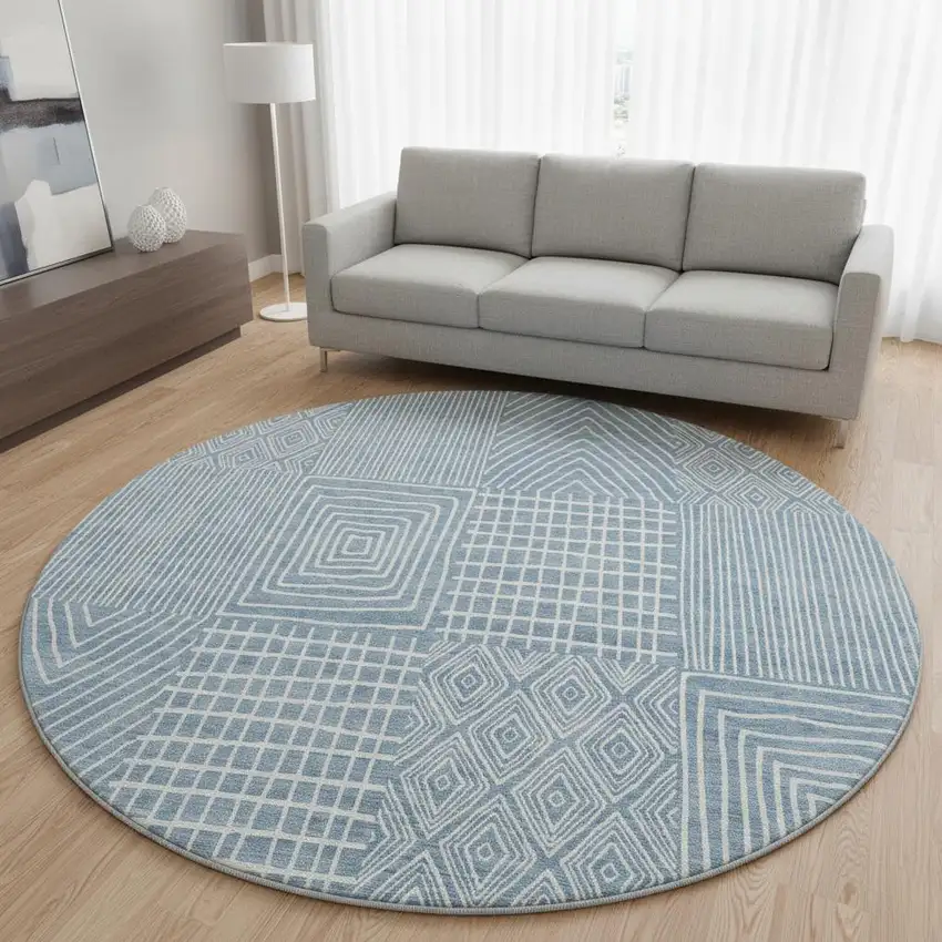8' Denim Blue And Ivory Geometric Washable Round Rug With UV Protection Photo 2