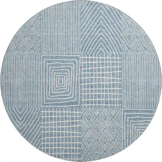 8' Denim Blue And Ivory Geometric Washable Round Rug With UV Protection Photo 1