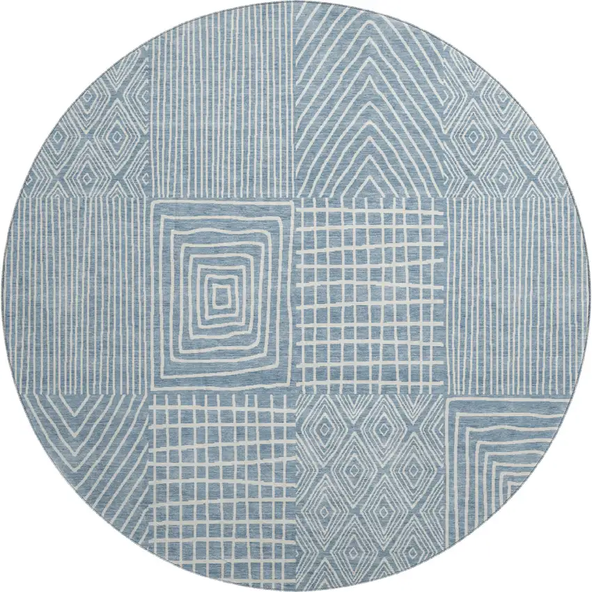 8' Denim Blue And Ivory Geometric Washable Round Rug With UV Protection Photo 1