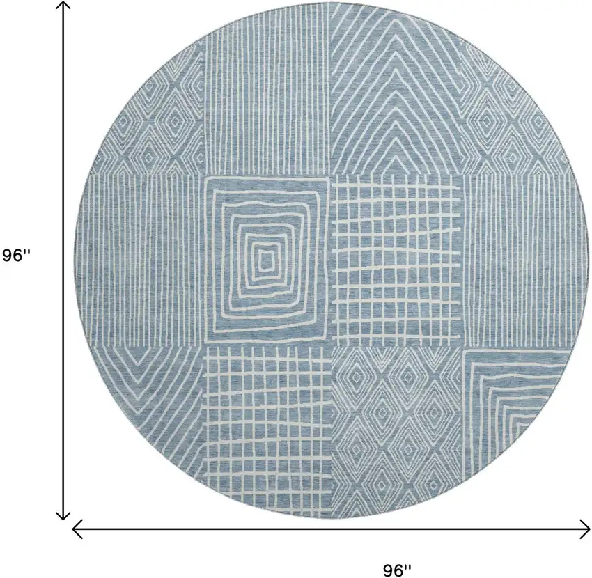 8' Denim Blue And Ivory Geometric Washable Round Rug With UV Protection Photo 9