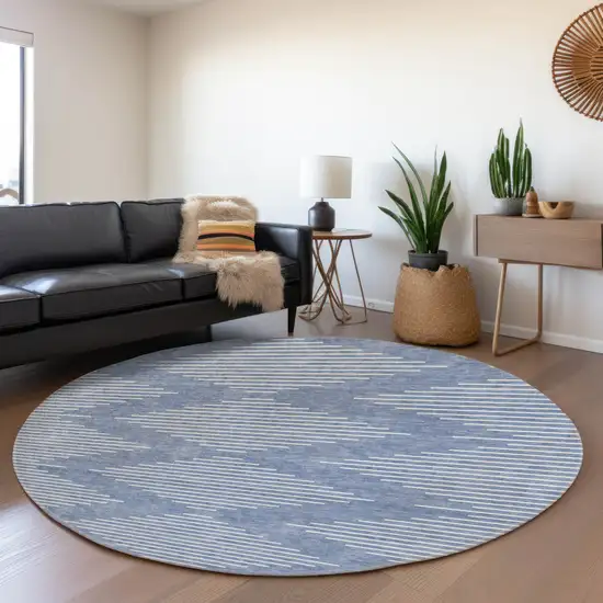 8' Denim Blue And Ivory Geometric Washable Round Rug With UV Protection Photo 4