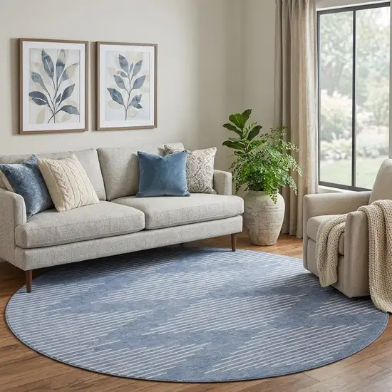 8' Denim Blue And Ivory Geometric Washable Round Rug With UV Protection Photo 1